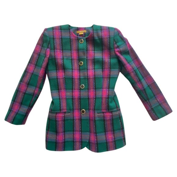 💕sold💕VINTAGE ROBINSON'S Blazer Jacket Purple Plaid Wool Blend - Picture 1 of 6